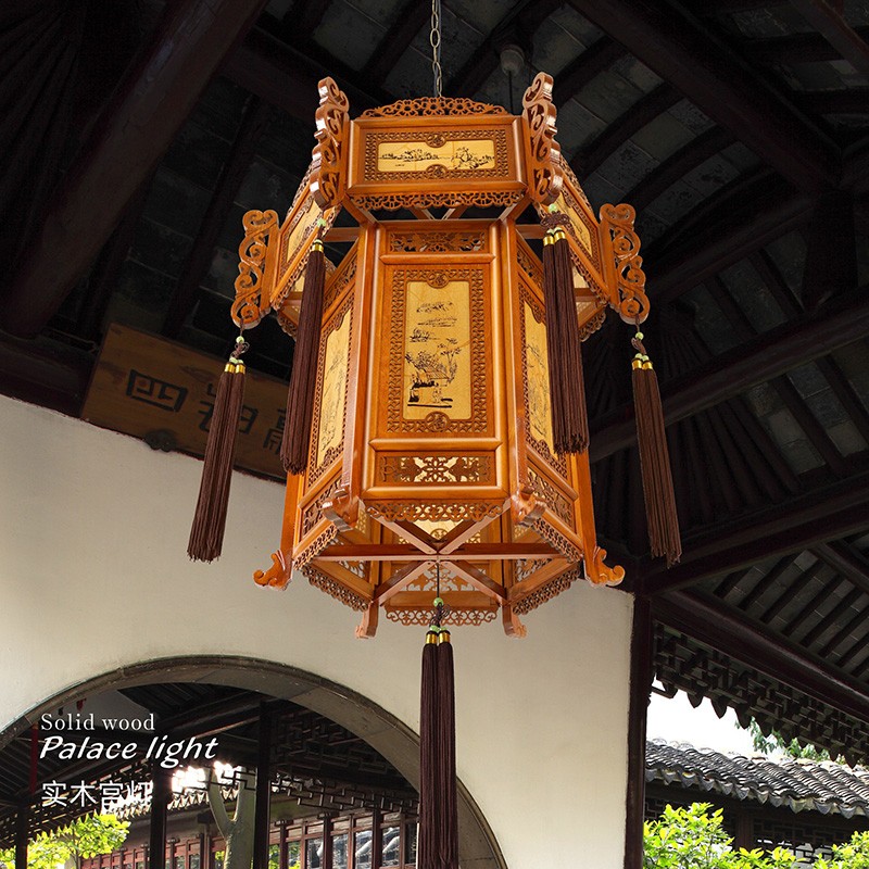 实木宫灯六角阳台羊皮乔迁别墅大门祠堂古典灯挂饰