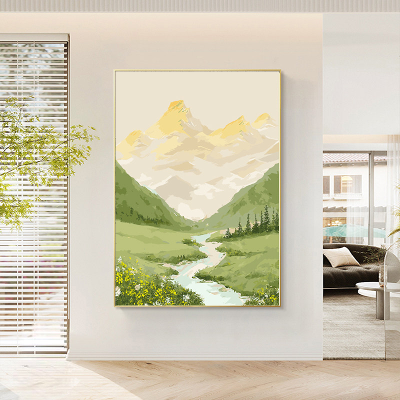 油画日照金山入户玄饰画风景山水入门挂画客厅落地画