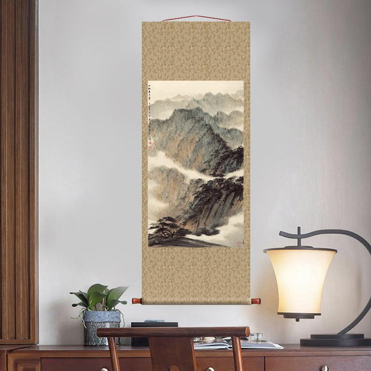 傅抱石蜀山图卷轴挂画国画山水名画复制品字画中式书房玄关装饰画
