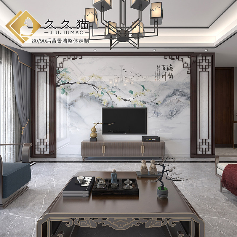 别墅实木格瓷砖背景墙岩板电视墙木框木雕装饰木质雕