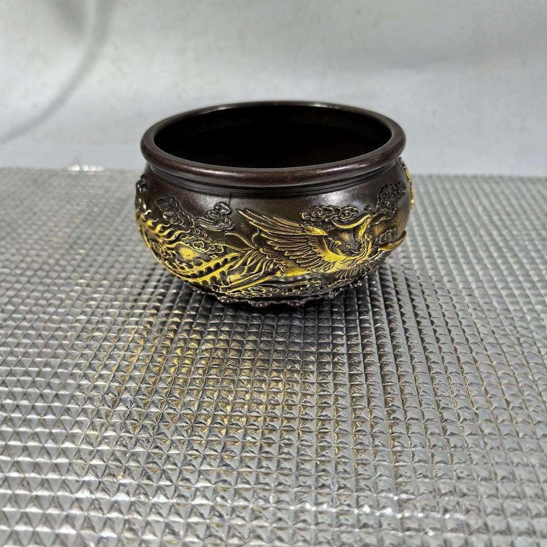 仿古铜摆件龙凤呈祥聚宝盆缸造型雅致古玩工艺品基地支持