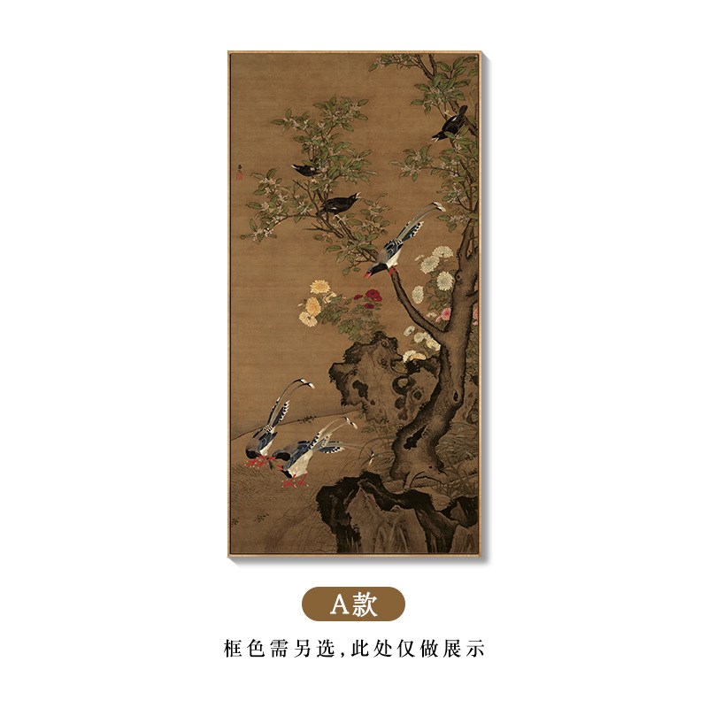 明清古典国画孔雀玄关竖版挂画客厅走廊过道N茶室背景墙复古装饰图片