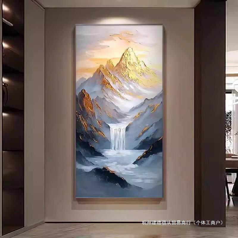 玄关手绘油画大芬村招财山水肌理画日照金山高档走廊过道挂画