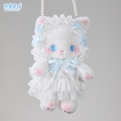 熊兽星球 猫咪玩偶包 蓝色手作玩偶包Lolita斜跨双肩手提蝴蝶结