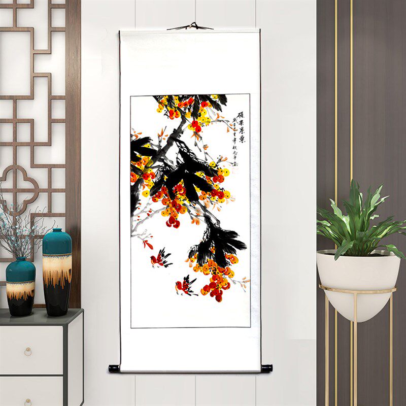 牡丹图挂画富贵中堂客厅国画玄关饰画竖工笔鸟卷轴