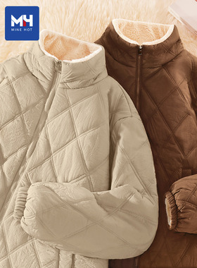 唐狮集团mh羊羔绒外套女冬季加绒新款菱格棉衣袄东北过冬特厚棉服