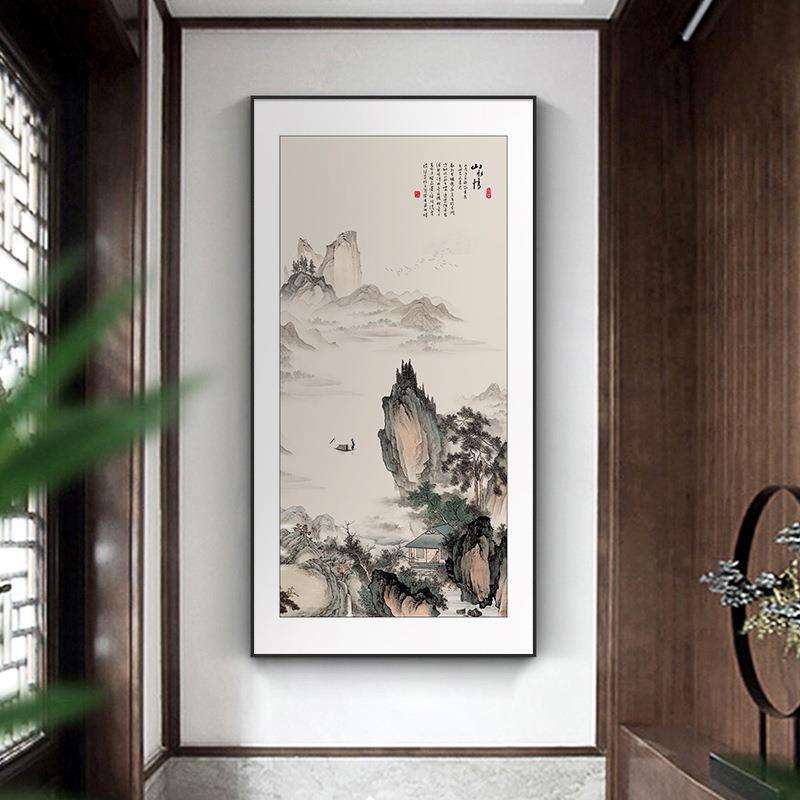 迎客松玄关装饰画新中式入户走廊过道挂画竖版茶室壁画山水画国画
