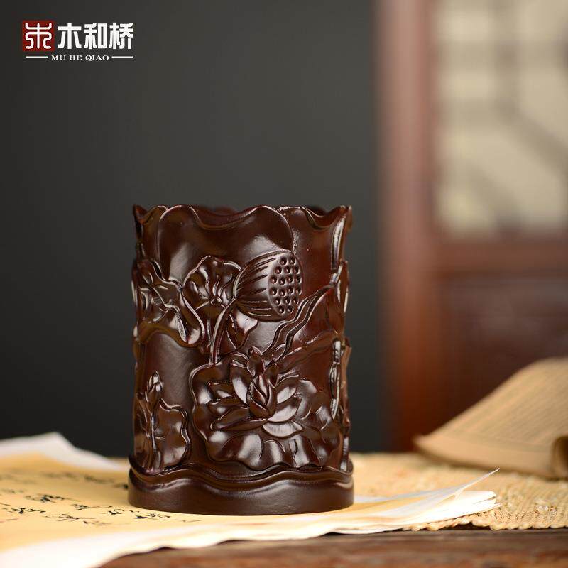 黑檀木雕荷花木质笔筒工艺品办公室书桌家居中式笔筒摆件商务送礼