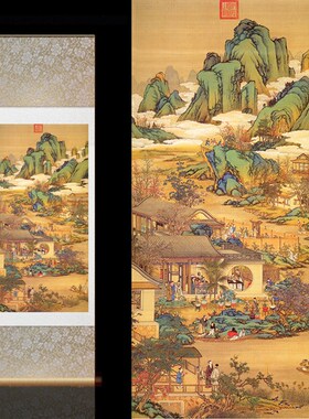 郎世宁国画古风卷轴画古典壁画酒店装饰十二月令客厅卷轴挂画