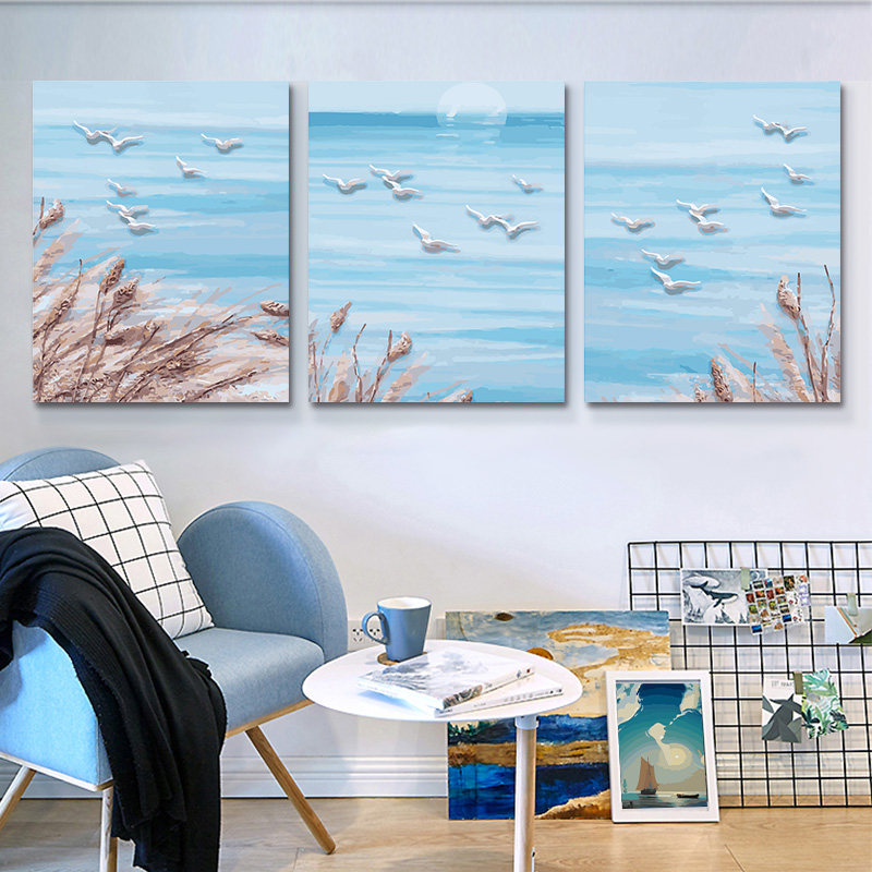 数字油画客厅卉风景物装饰画 手工绘填色油彩画三拼三画