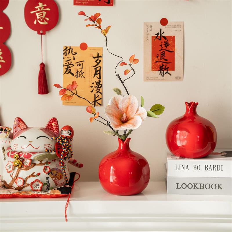 陶瓷花瓶摆件客厅吉祥果插花轻奢感小中式红色石榴瓶餐桌装饰