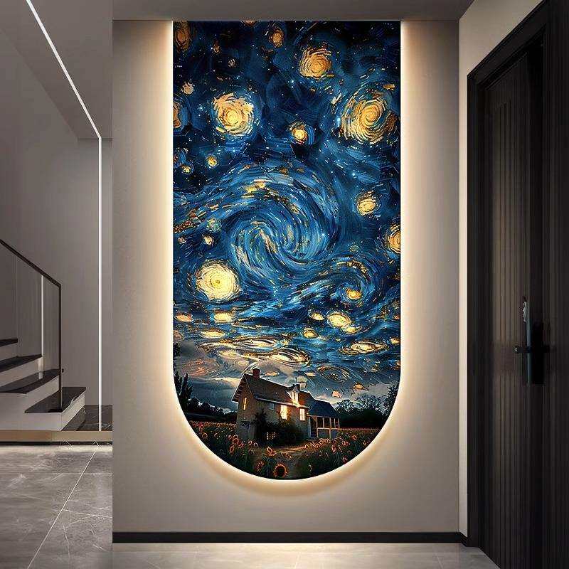 梵高星空玄关装饰画向日葵抽象走廊过道挂画星月夜入户拱形壁画灯