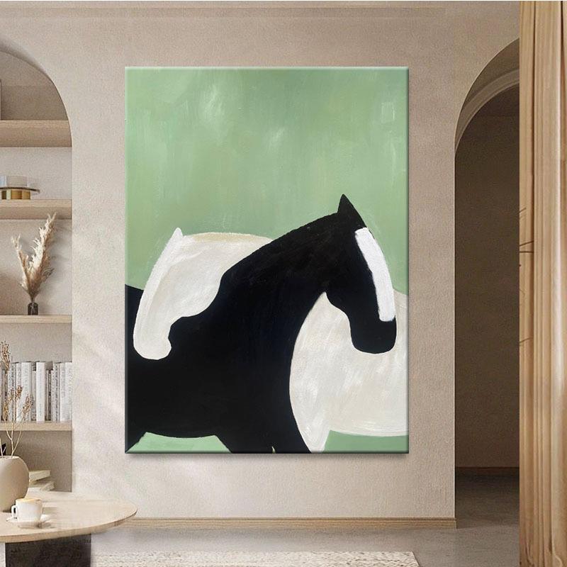 手绘油画黑白骏马客厅玄关装饰画绿色抽象动物艺术餐厅儿童房挂画