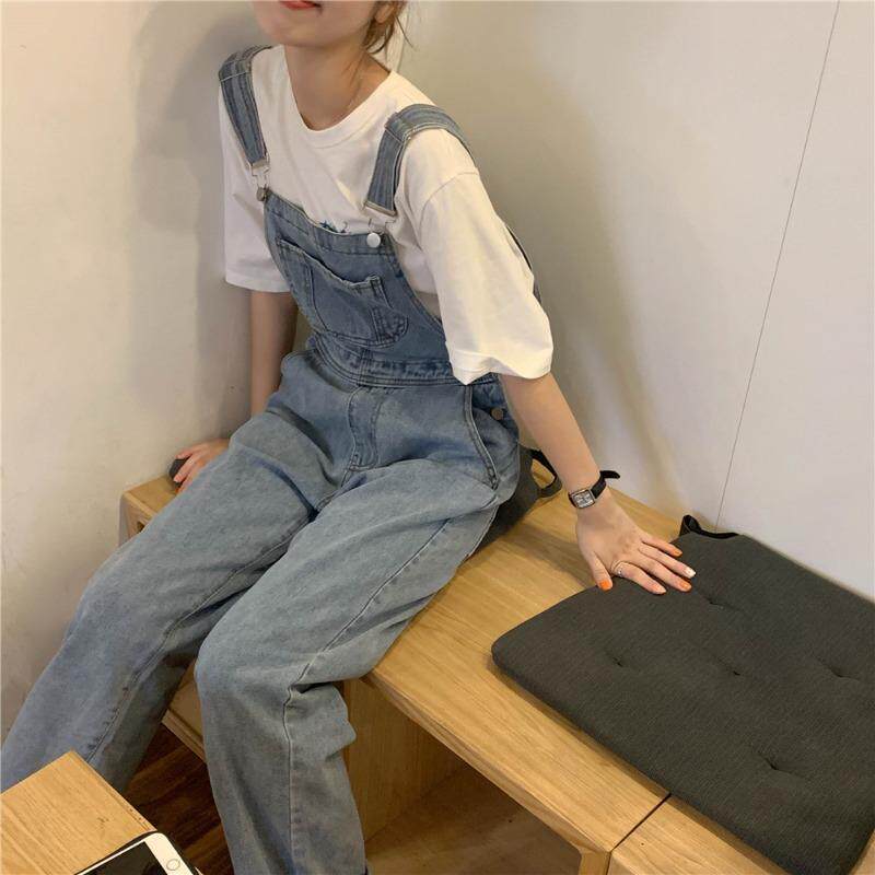 浅蓝牛仔背带裤女2025春夏复古宽松阔腿长裤工装休闲显瘦拖地长裤