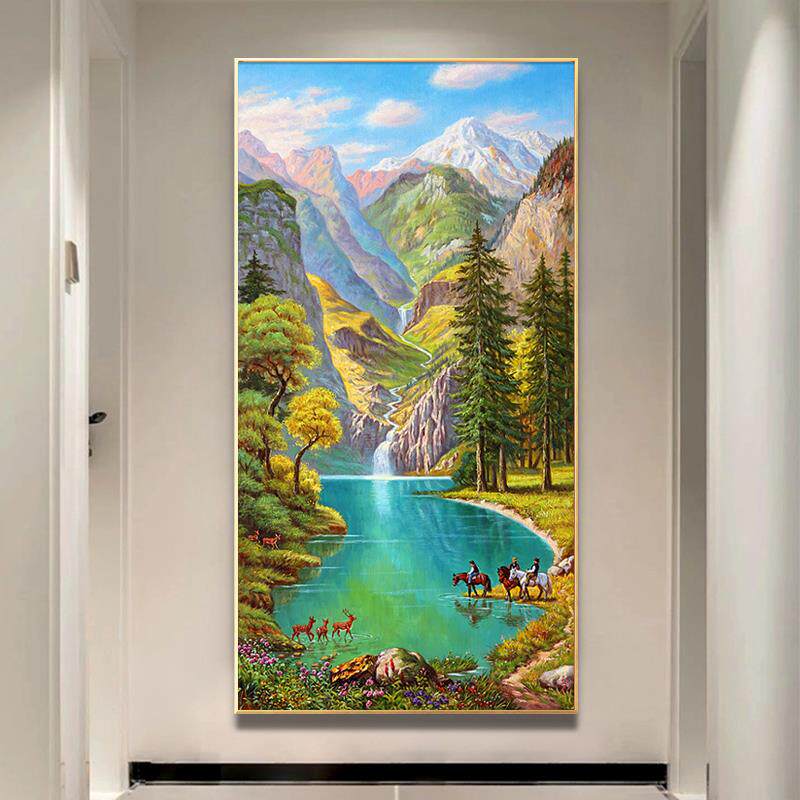 美式山水风景聚宝盆玄关手绘油画现代简约轻奢欧式装饰画走廊挂画