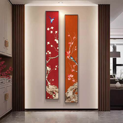 新中式喜上枝头玄关装饰画寓意好花鸟走廊过道壁画细长条国风挂画