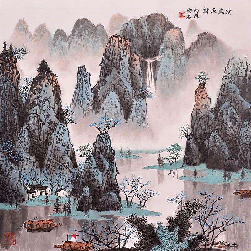 白雪石山水画风水靠山挂画客厅玄关装饰画清漓渔村 纯手绘国画