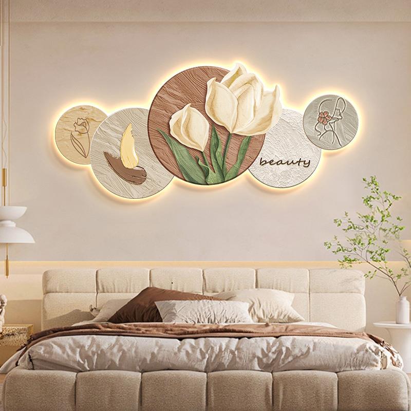 奶油风客厅装饰画北欧温馨郁金香LED灯画现代简约卧室床头挂画