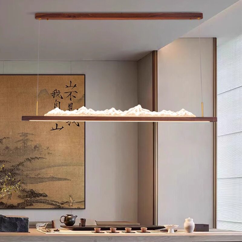 黑胡桃木新中式山水长条吊灯