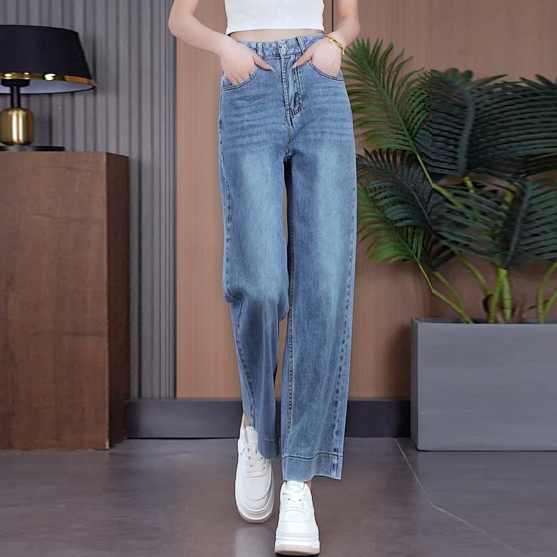 磨白复古蓝色牛仔阔腿裤女春秋新款小个子九分裤舒适窄版直筒裤