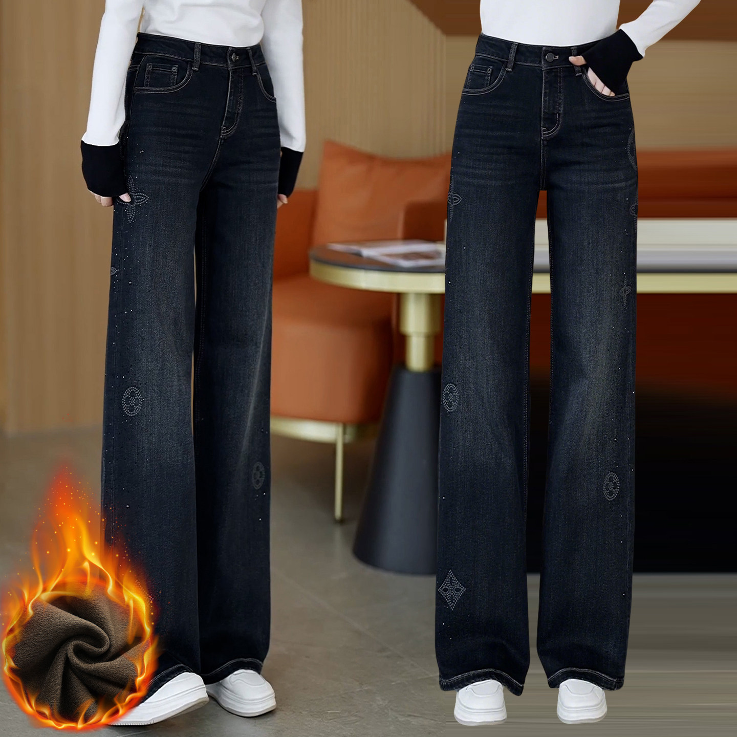 高腰牛仔直筒裤女士秋冬加绒加厚舒适保暖阔腿裤时尚洋气烫钻长裤