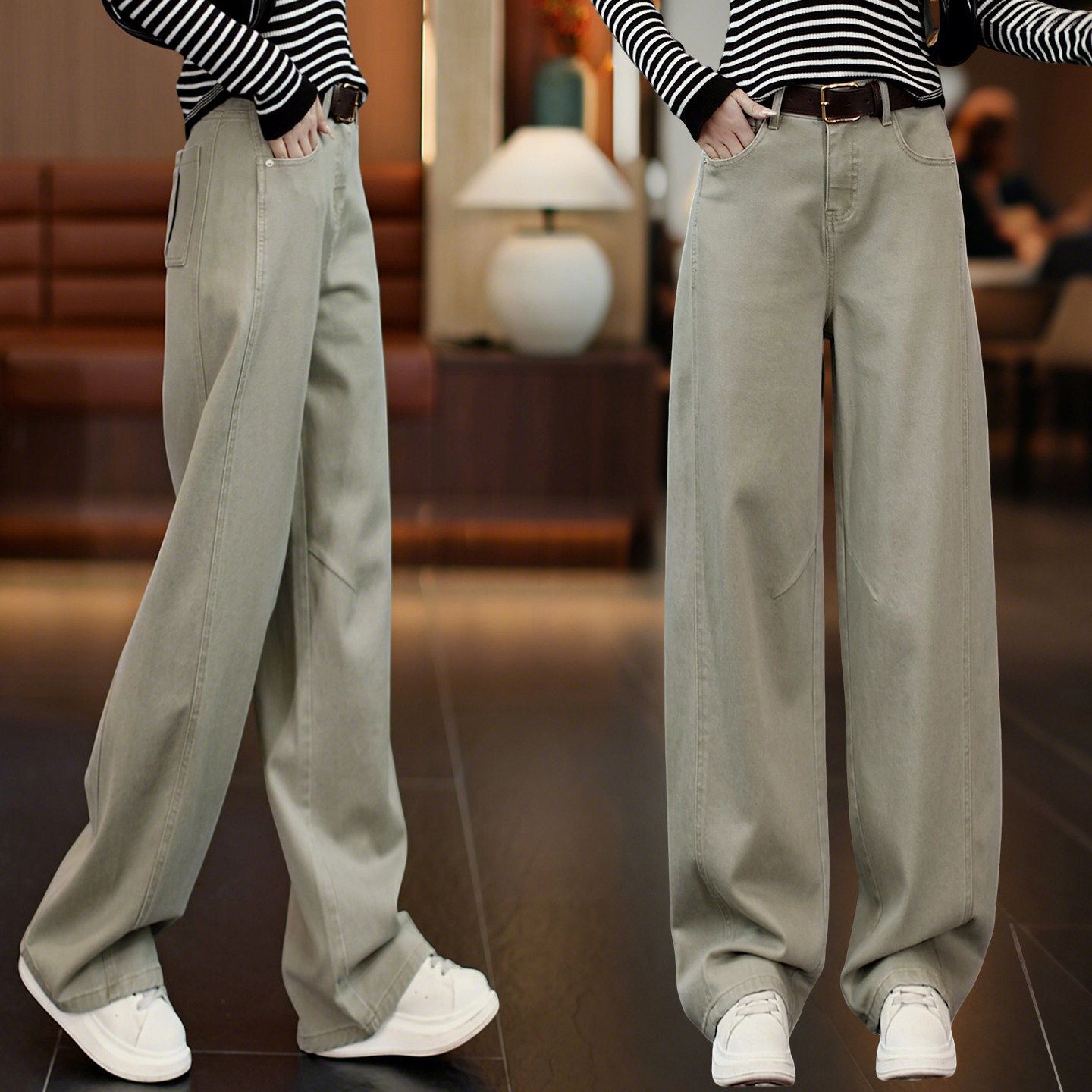天丝棉休闲直筒弯刀裤女春秋新款高腰显瘦阔腿牛仔裤宽松垂顺长裤