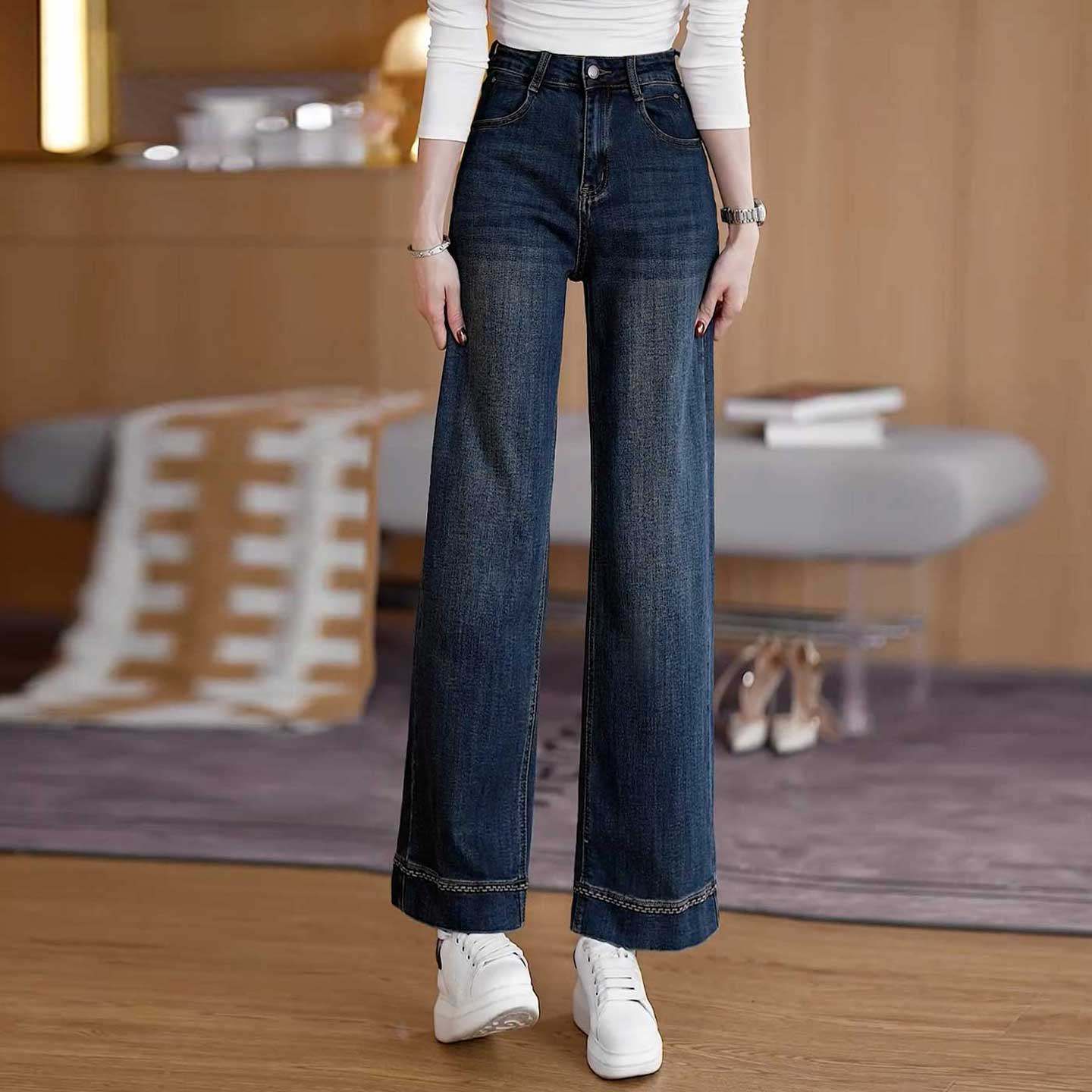 刺绣窄版直筒牛仔裤女春秋新款高腰显瘦阔腿裤百搭通勤宽松九分裤