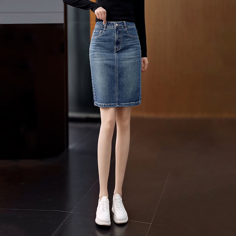 蓝色时尚牛仔A字裙女春季新款减龄中长款半身裙弹力显瘦一步裙子a