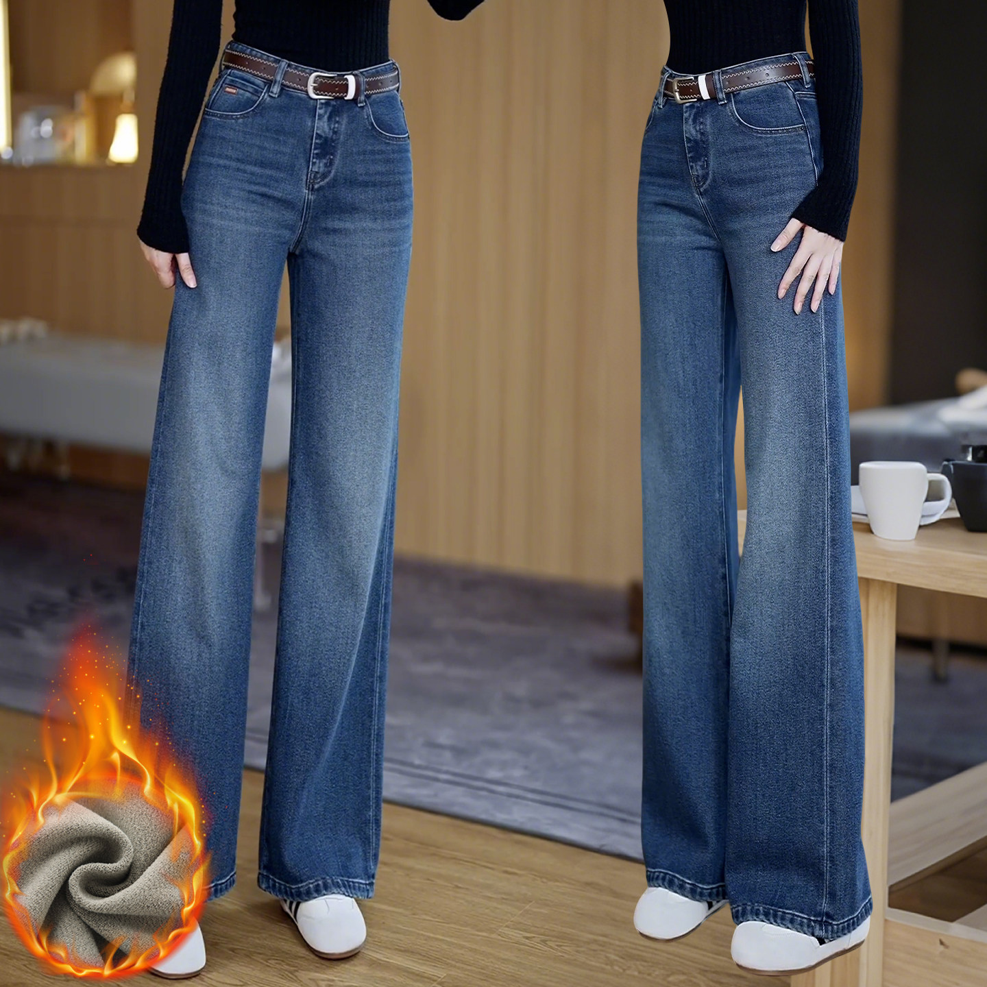 高腰牛仔直筒裤女士秋冬加绒加厚舒适保暖阔腿裤时尚爱心刺绣长裤