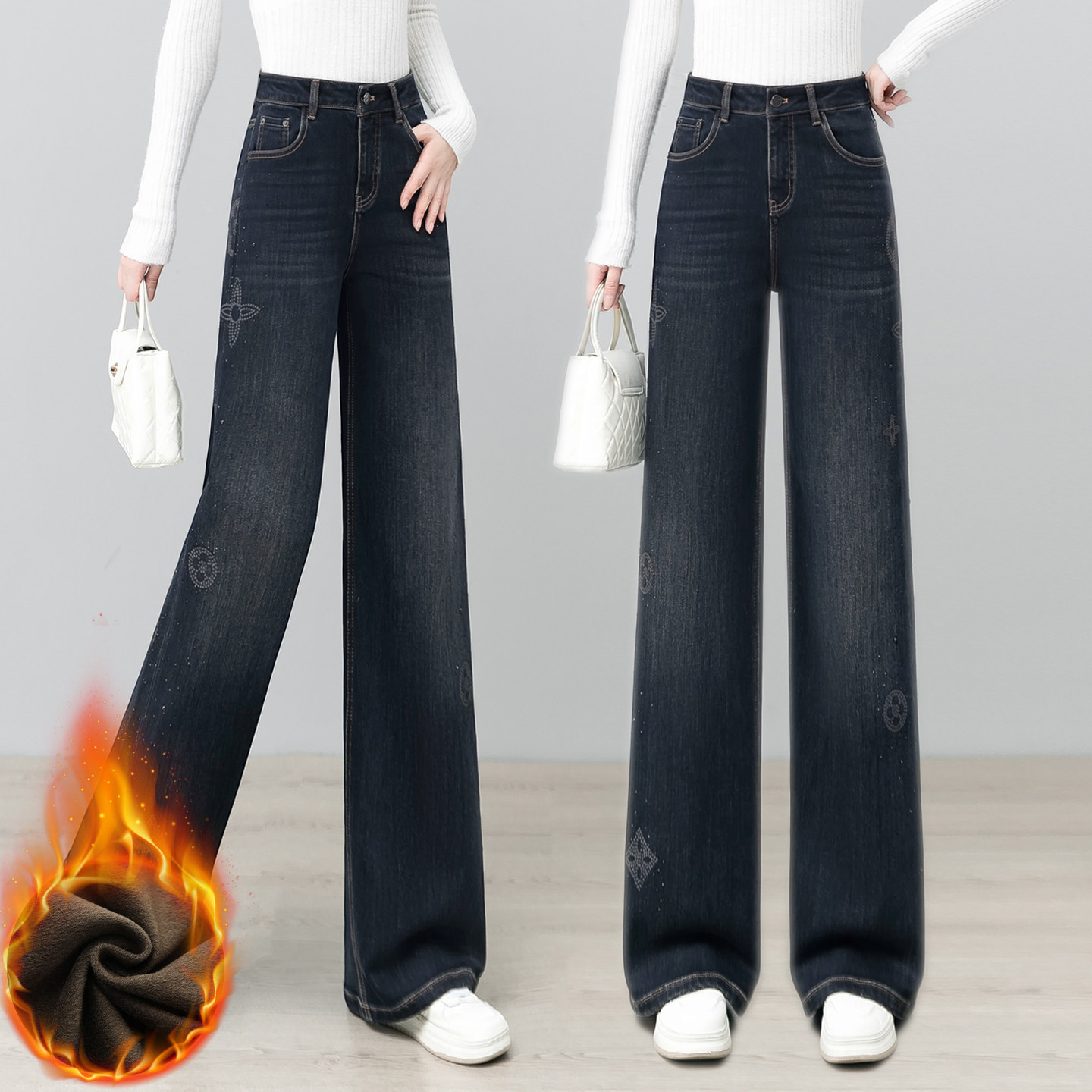 亲肤牛仔直筒裤女士秋冬加绒加厚舒适保暖阔腿裤时尚洋气烫钻长裤