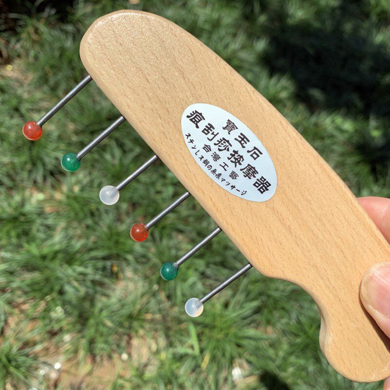 天然水晶玛瑙珠按摩梳子脸部头疗拔筋经络疏通点按穴位无痕刮痧板