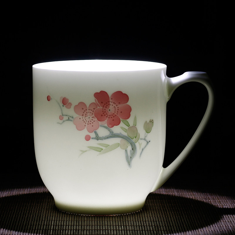 湖南醴陵毛瓷杯釉下五彩手绘茶杯白瓷水杯办公室会议杯送领导