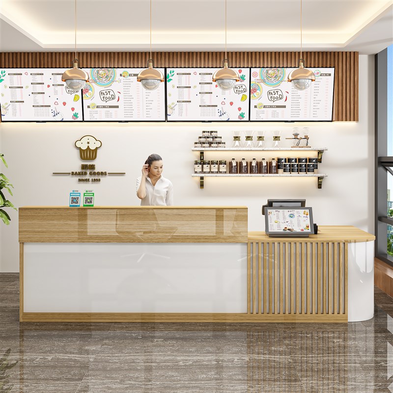 奶茶店收银柜台现代餐饮店店甜品水吧商用弧形转角柜台吧台