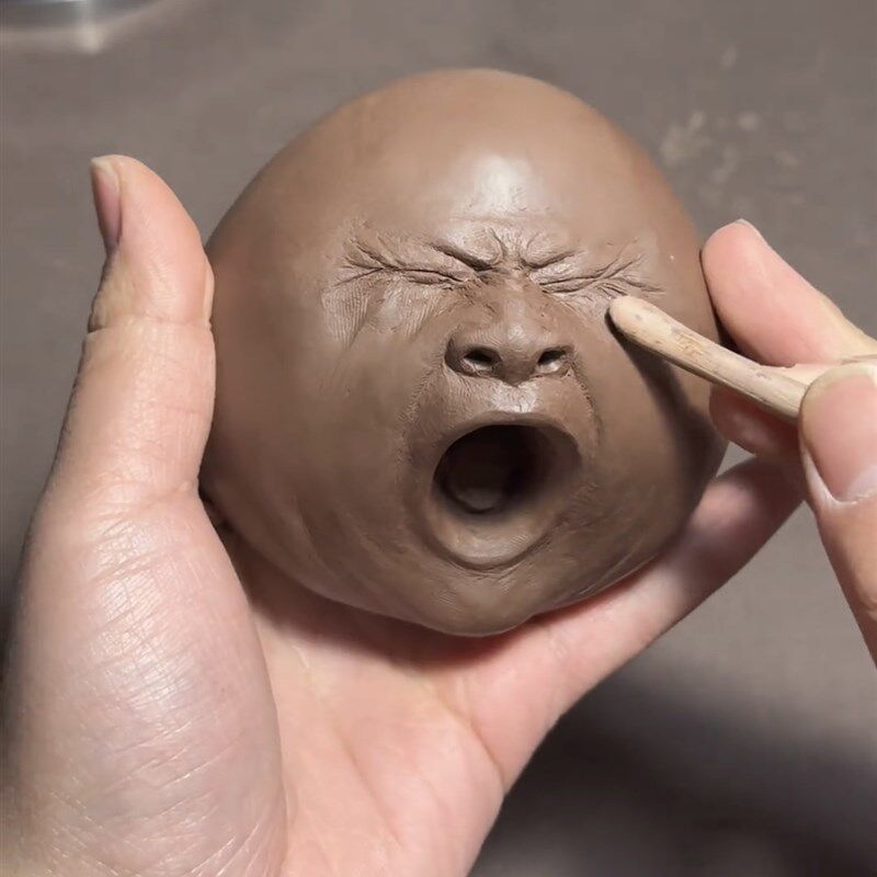 丑萌打哈欠小头粗陶茶宠茶玩手把件茶室茶道