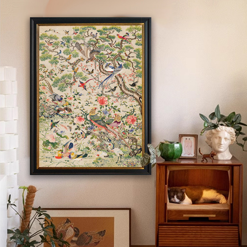 法式中玄饰画新客厅饭厅挂画复古广绣鸟祥和图壁画
