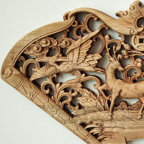 秒杀东阳木仿古挂件香樟实木扇形壁画镂空装饰品
