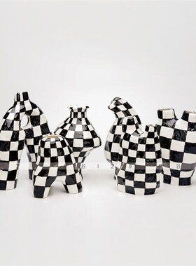 空合现代黑白棋盘格创意器 样板间售楼处酒店软装瓶