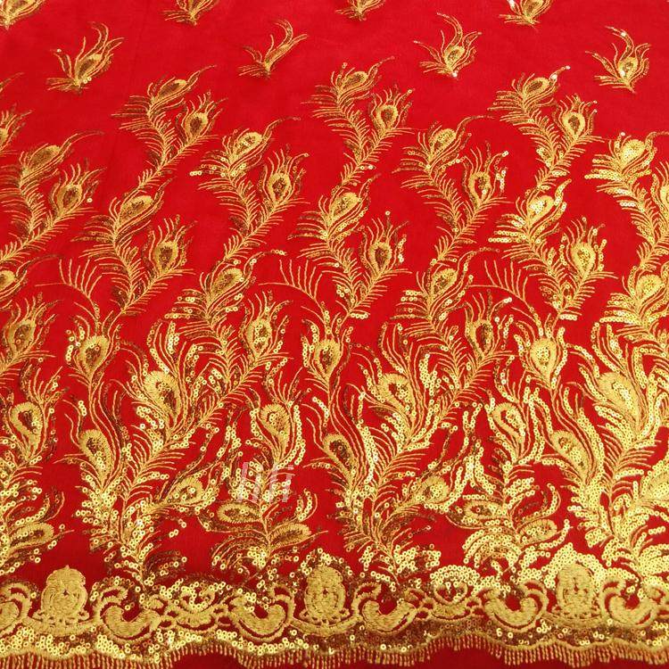 红色新娘婚纱晚礼服布料 网纱亮片绣蕾丝面料 喜庆面料 价
