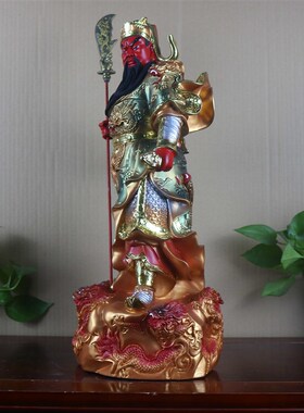 黄铜关公摆件黄铜彩绘横刀关二爷关羽武财神神像家居客厅招财摆件