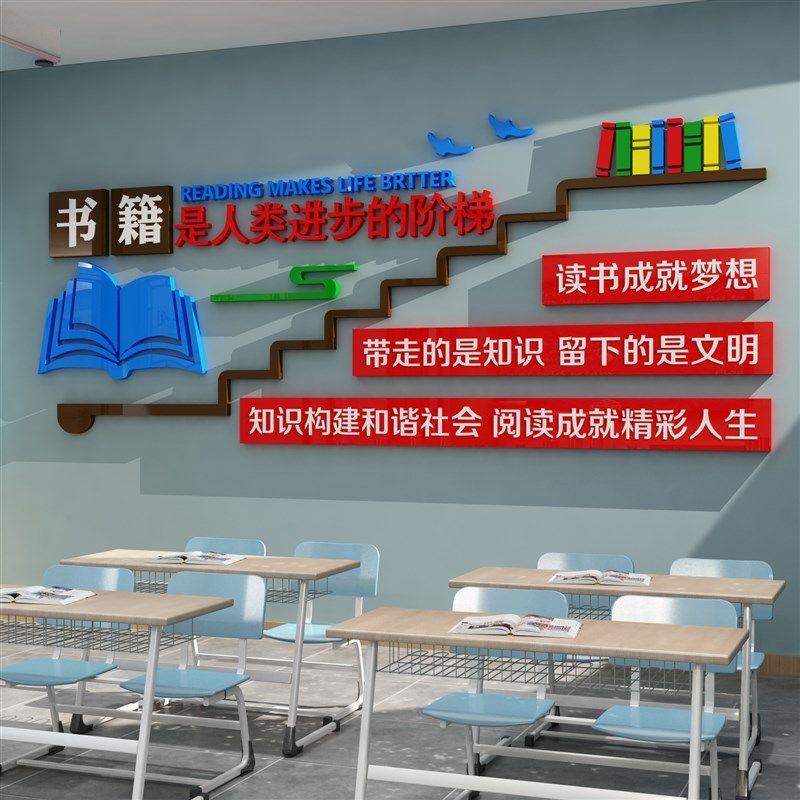 图书角布置饰阅读绘馆背景教室班级励志标语学校创意