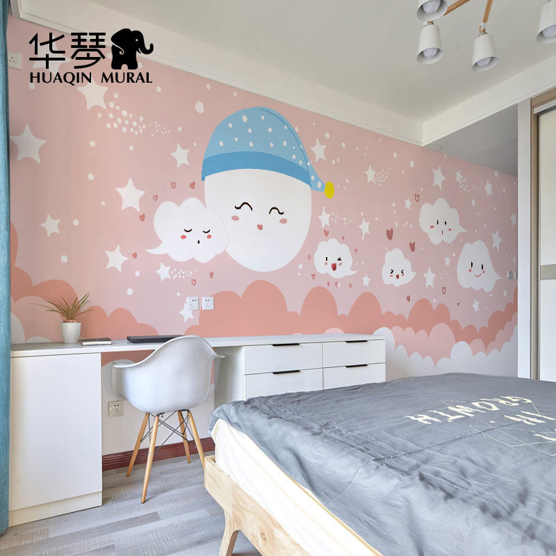 星星月亮温馨男孩儿童房墙纸淡粉色壁纸环保墙布壁布壁画