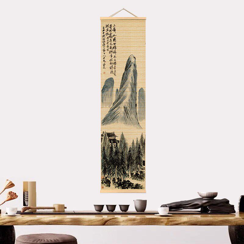 挂画竹帘复古书法图挂帘书房饰画茶室玄关山水画