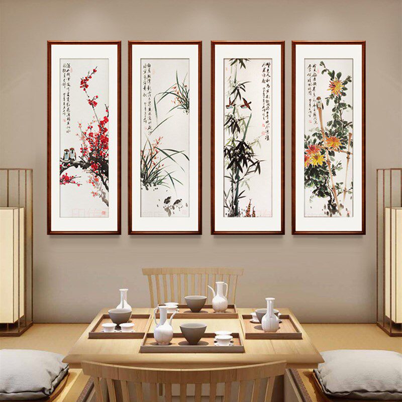 纯手绘梅兰竹菊挂画客厅沙发背景墙装饰壁画茶室鸟国画