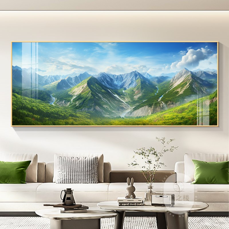 绿色青山图客厅装饰画横版背有靠山沙发背景墙壁有山无水大气挂画