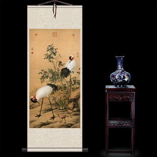 马荃白荣贵仙鹤图阳泰鸟画丝绸画卷轴画客厅家居饰画