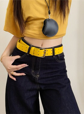 宽版双排扣Y2K设计黄色腰带女士牛仔裤腰带与裙腰保护配件