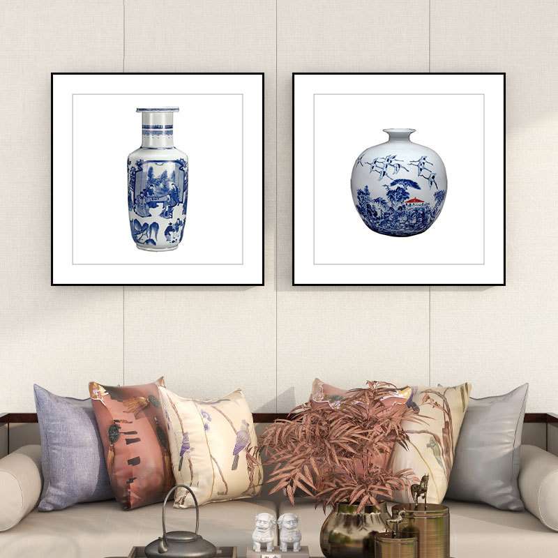 新中式青花瓷挂画客厅沙发背景墙装饰画茶室餐厅墙面陶瓷花瓶壁画图片