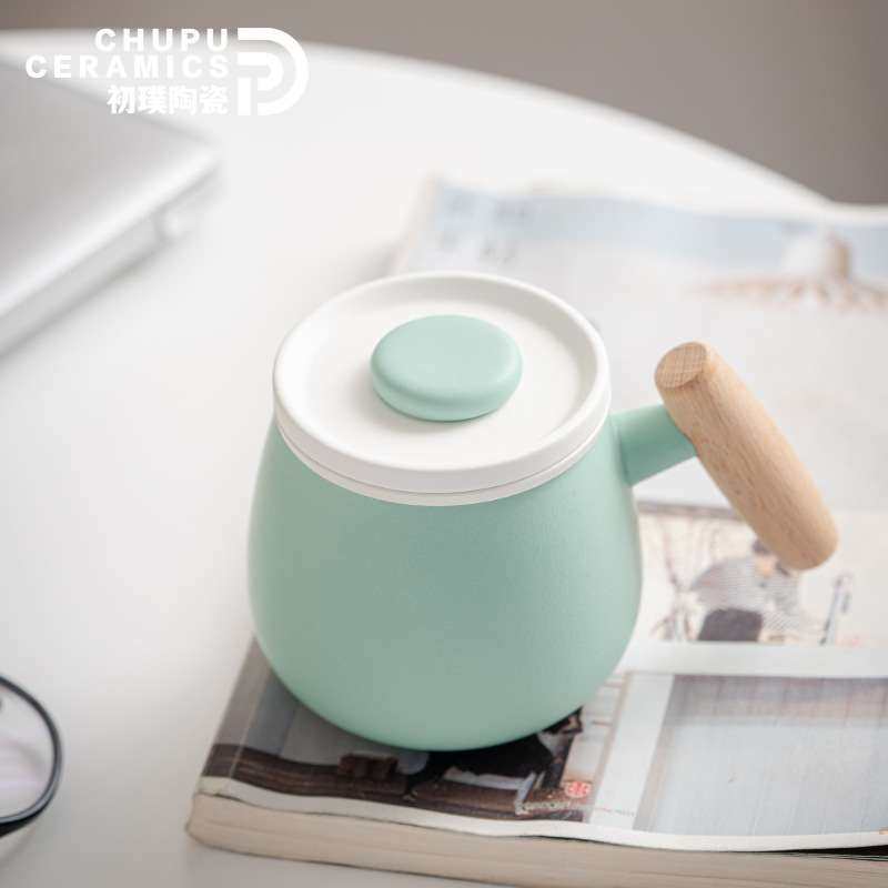 初璞木柄马克杯带盖陶瓷过滤茶杯女家用办公室茶水分离个人泡茶杯