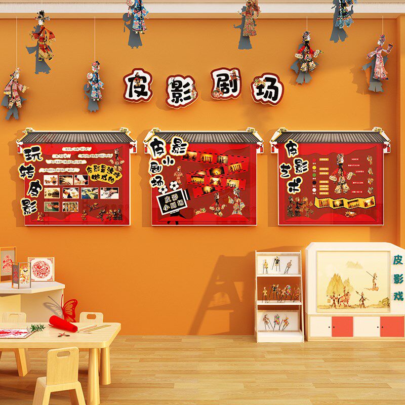 幼儿园非遗皮影戏环创题背景半成作品展示区材料布置画