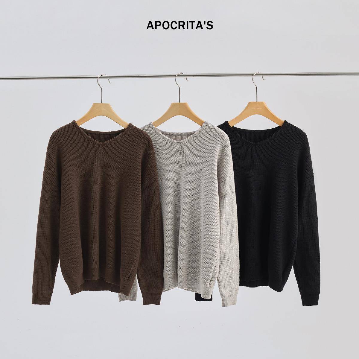 APO男装 |跨境V领针织衫男秋季韩版简约宽松老钱风松弛感套头毛衣